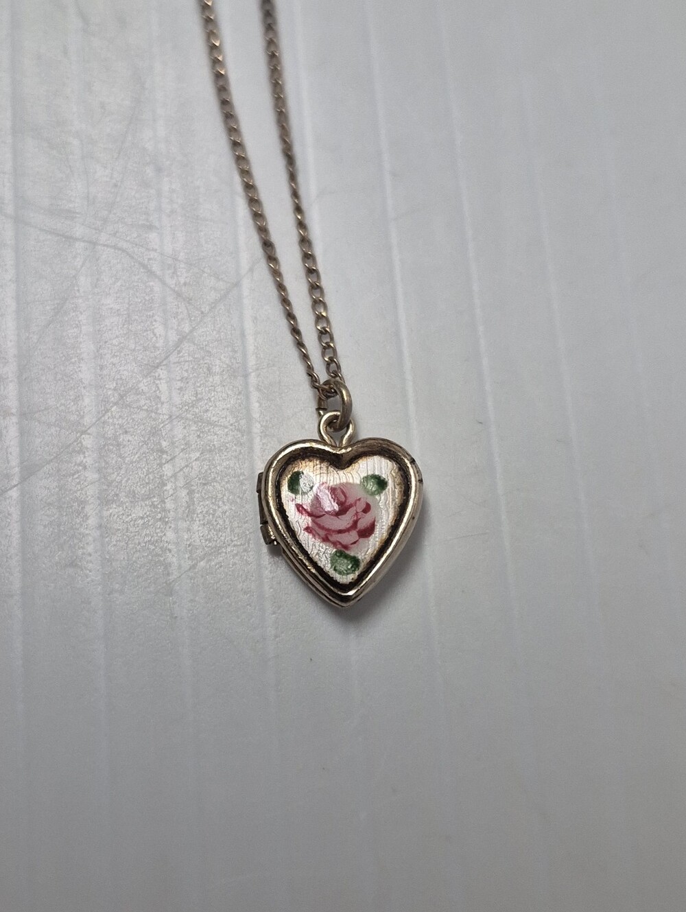 Antique LA MODE Art Deco Gold Filled Guilloche Enamel Rose Heart Locket Necklace